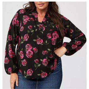 Torrid Black Blouse with Pink and Blue Floral Design
